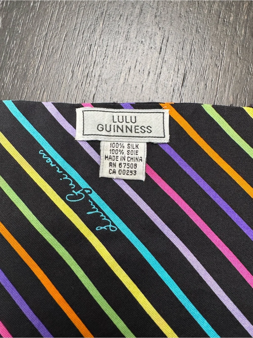 Lulu Guinness Black 100% Silk Rainbow-Striped Silk Scarf NWOT